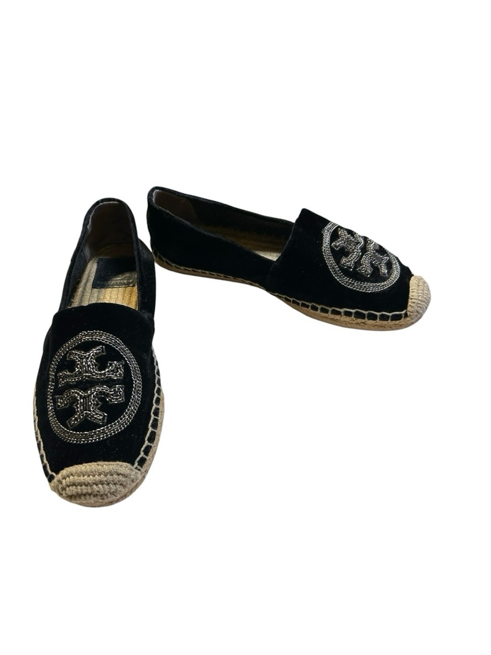 Tory Burch Velvet Logo Chain Espadrilles Black Slip On Flats Size 6 Designer